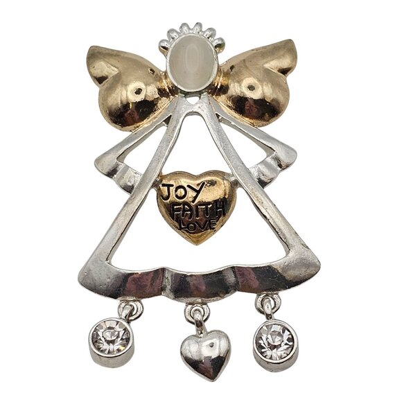 VTG Brooch Silver/Gold Toned Angel Love Faith Joy Dangle Charm Christian Faith - Picture 2 of 16